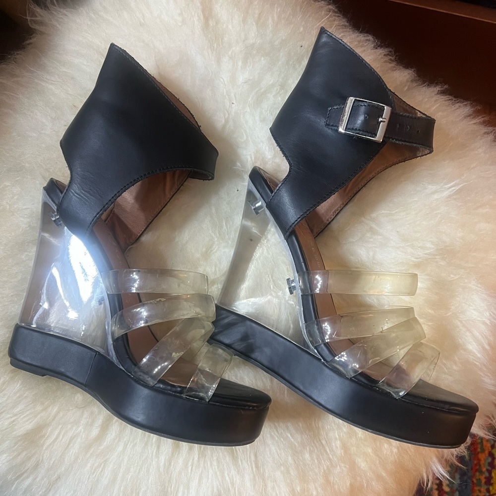 Jeffrey Campbell Black and Lucite Wedge Sandals Size 6.5